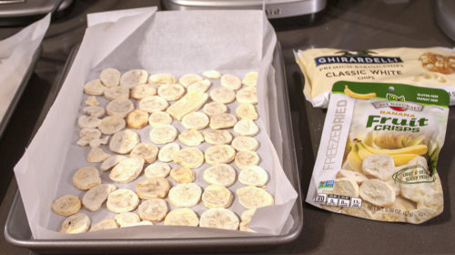 Freeze Dried Bananas Evenly Spaced On Baking Tray